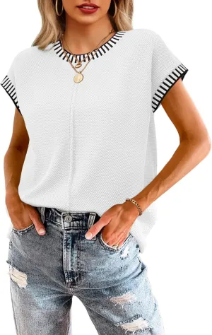 Neweek Womens Summer Cap Sleeve Tops Casual Crew Neck Sleeveless Knit Sweater Vest Loose Fit Lightweight Pullover Tank Tops