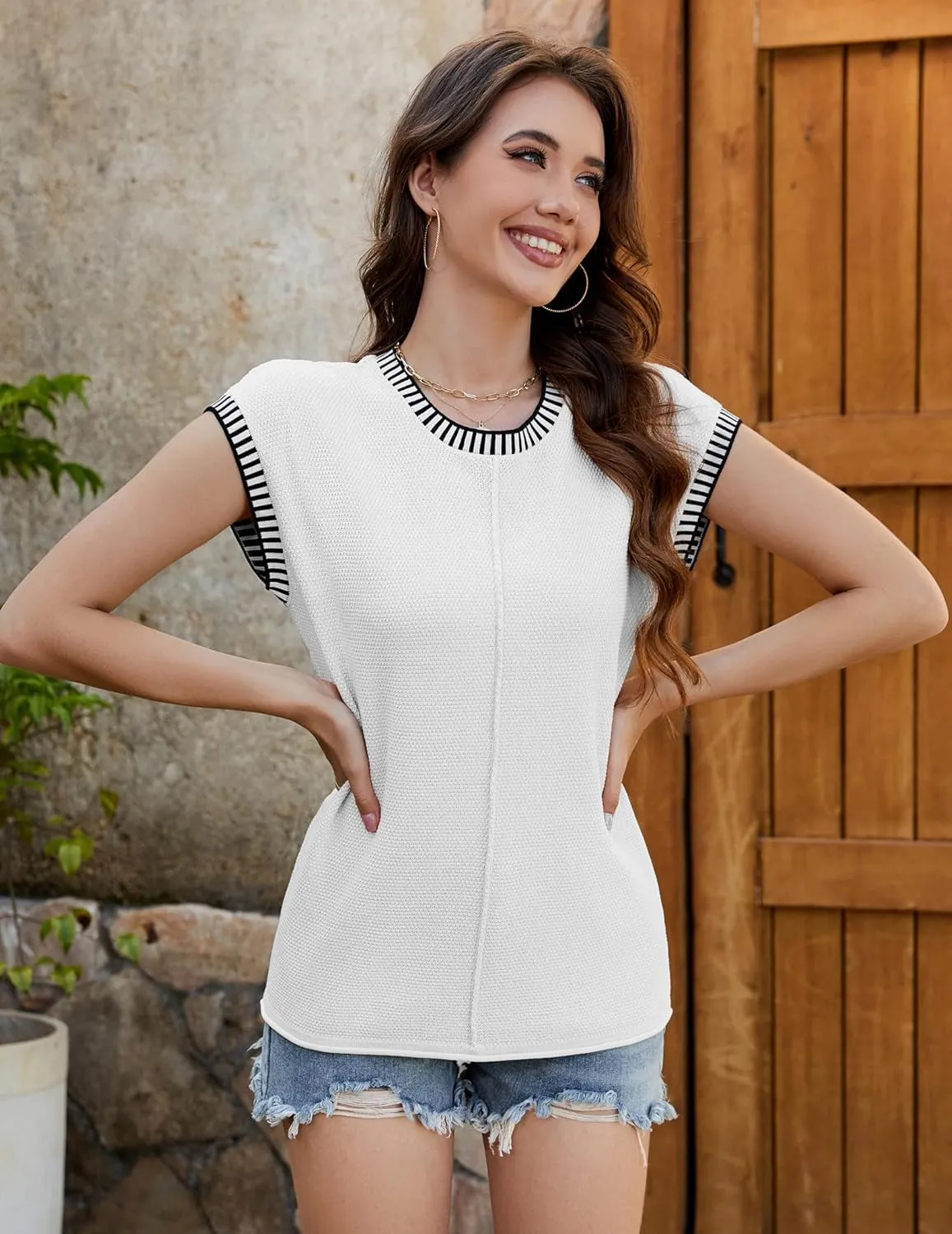 Neweek Womens Summer Cap Sleeve Tops Casual Crew Neck Sleeveless Knit Sweater Vest Loose Fit Lightweight Pullover Tank Tops