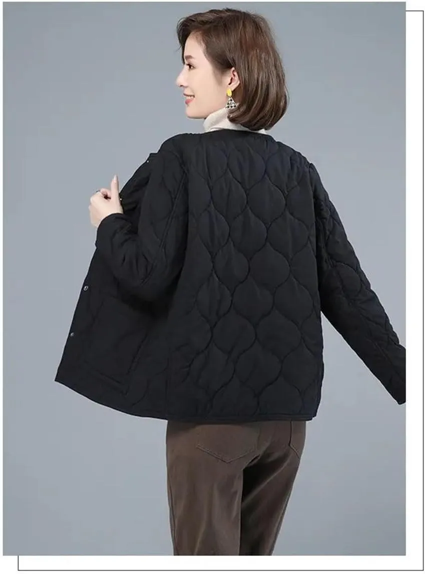No Collar Quilted Coats Womens Solid Color Cotton Padded Jackets Ladies Winter Button Up Loose Thick Coat