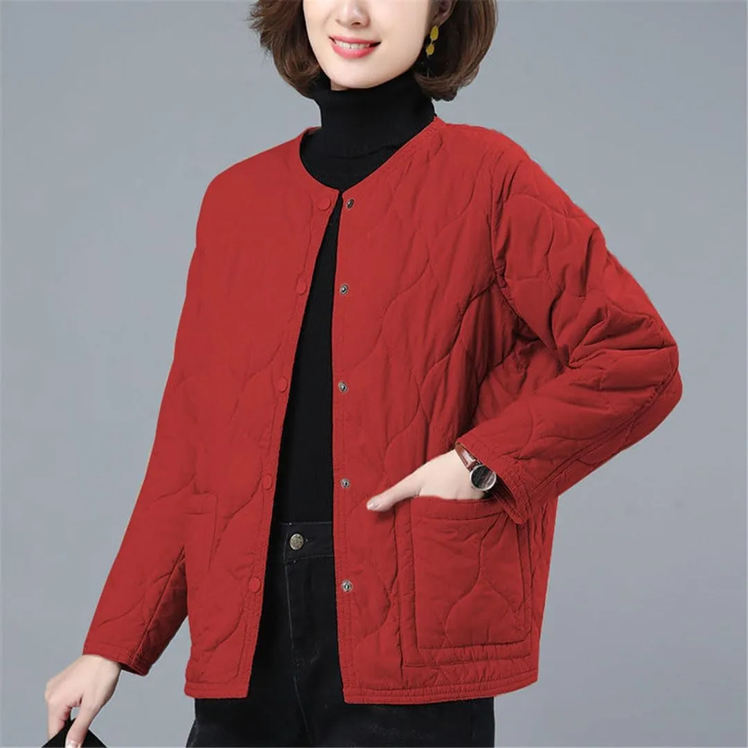 No Collar Quilted Coats Womens Solid Color Cotton Padded Jackets Ladies Winter Button Up Loose Thick Coat