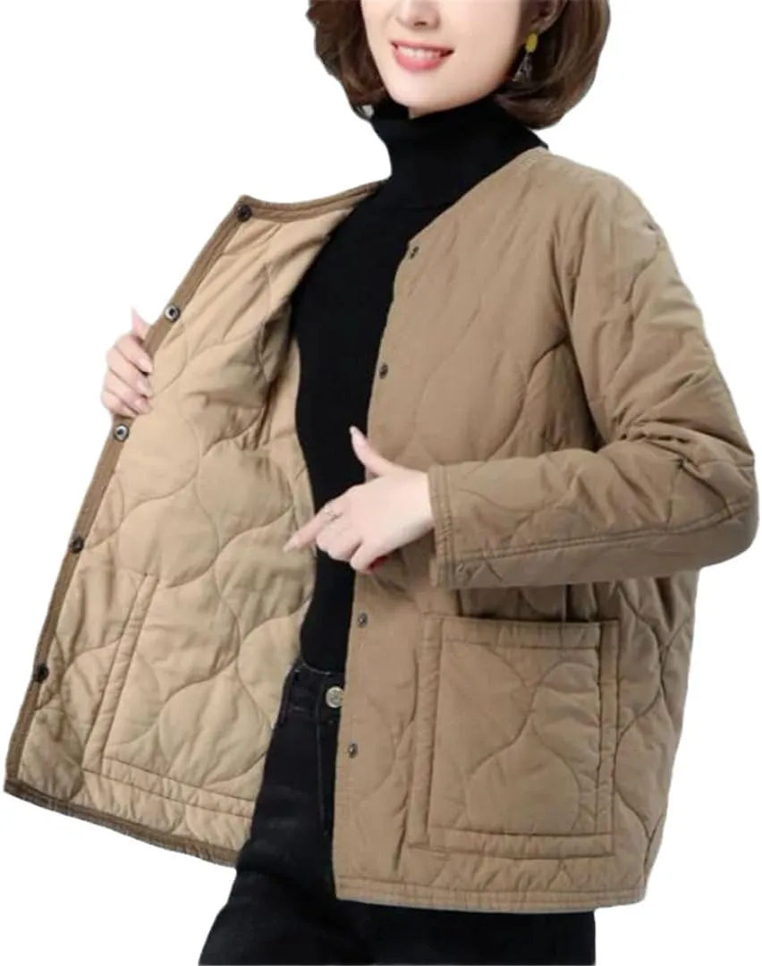No Collar Quilted Coats Womens Solid Color Cotton Padded Jackets Ladies Winter Button Up Loose Thick Coat