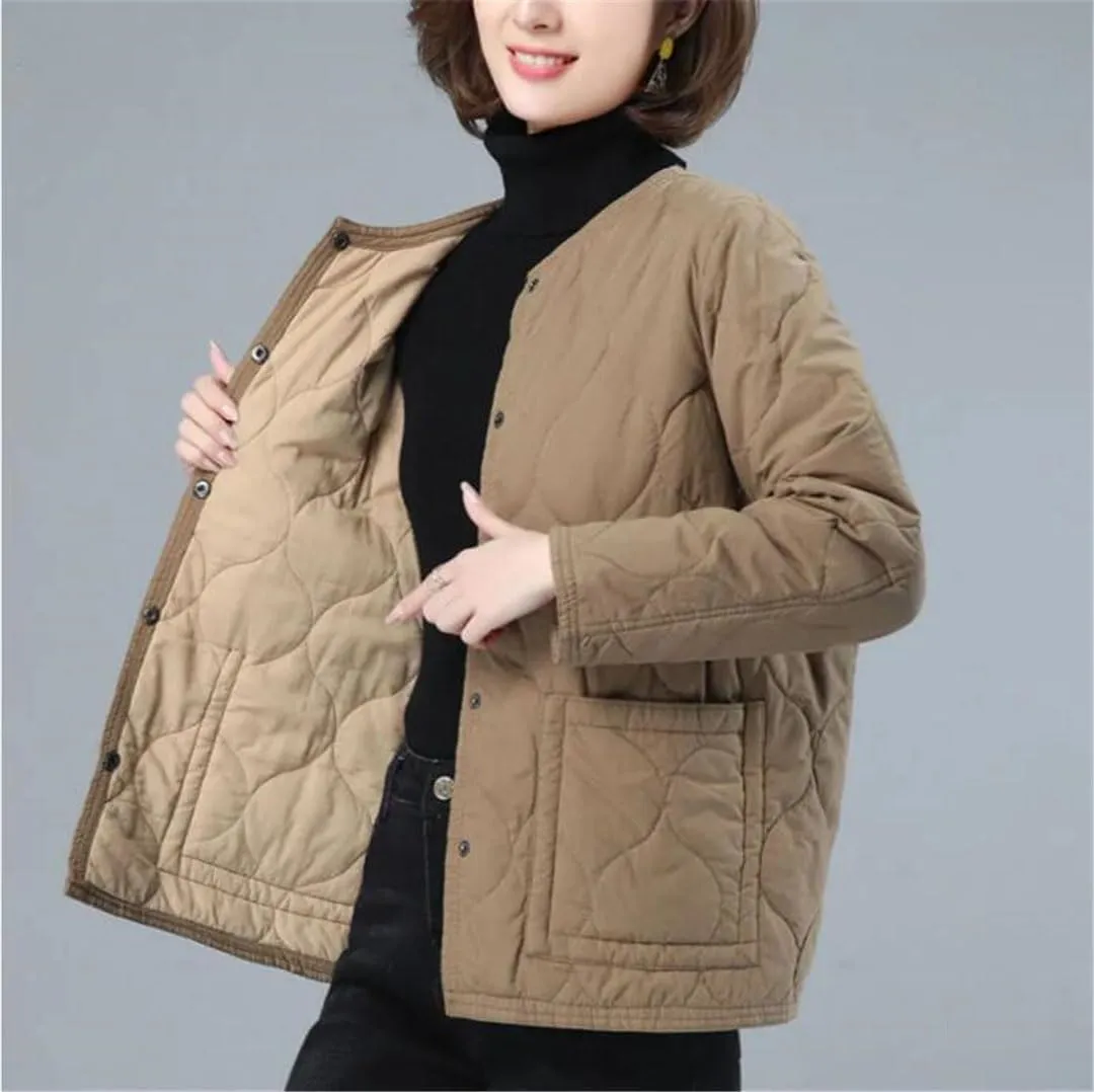 No Collar Quilted Coats Womens Solid Color Cotton Padded Jackets Ladies Winter Button Up Loose Thick Coat