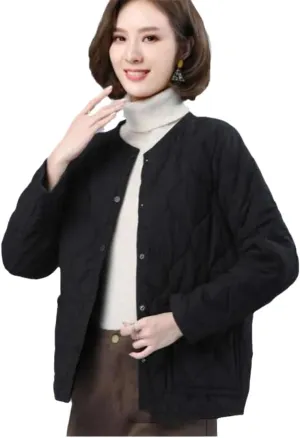 No Collar Quilted Coats Womens Solid Color Cotton Padded Jackets Ladies Winter Button Up Loose Thick Coat