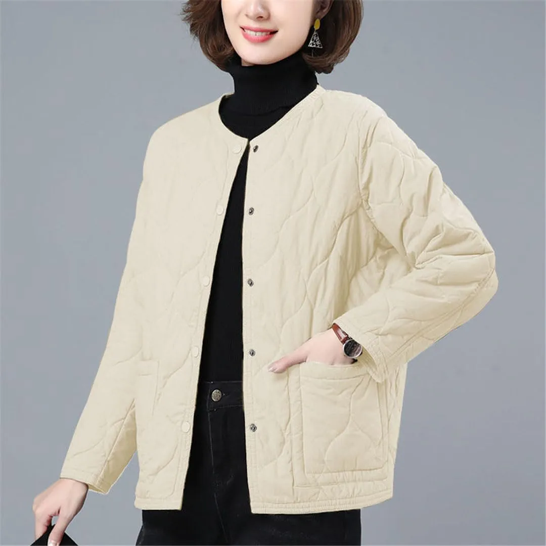 No Collar Quilted Coats Womens Solid Color Cotton Padded Jackets Ladies Winter Button Up Loose Thick Coat