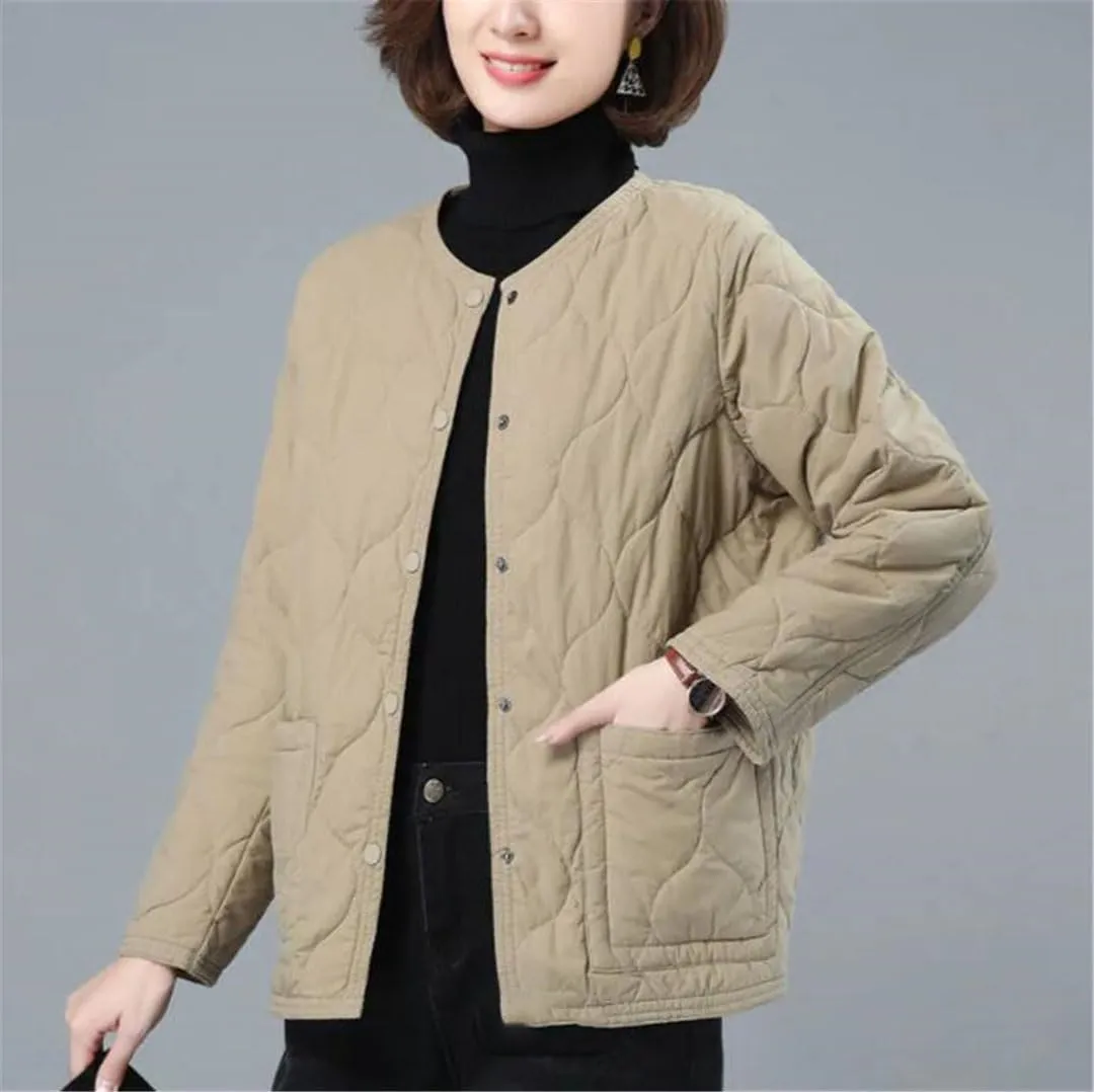 No Collar Quilted Coats Womens Solid Color Cotton Padded Jackets Ladies Winter Button Up Loose Thick Coat