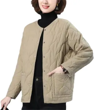 No Collar Quilted Coats Womens Solid Color Cotton Padded Jackets Ladies Winter Button Up Loose Thick Coat