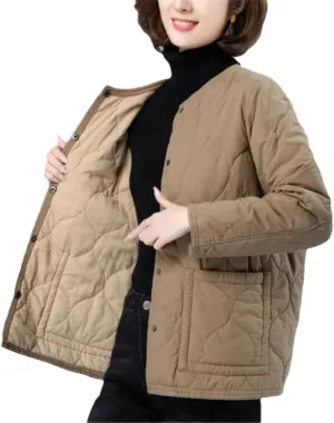 No Collar Quilted Coats Womens Solid Color Cotton Padded Jackets Ladies Winter Button Up Loose Thick Coat