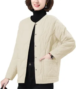No Collar Quilted Coats Womens Solid Color Cotton Padded Jackets Ladies Winter Button Up Loose Thick Coat