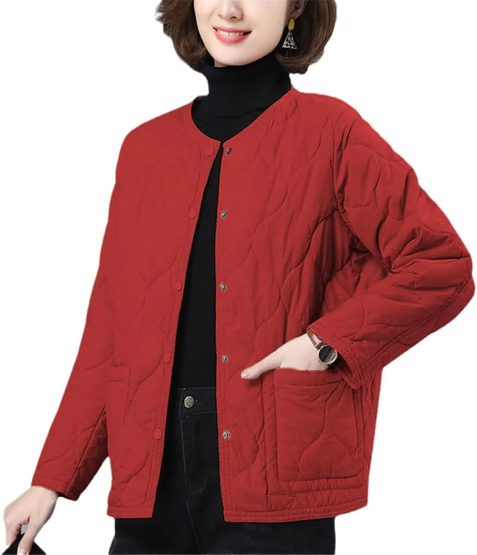 No Collar Quilted Coats Womens Solid Color Cotton Padded Jackets Ladies Winter Button Up Loose Thick Coat