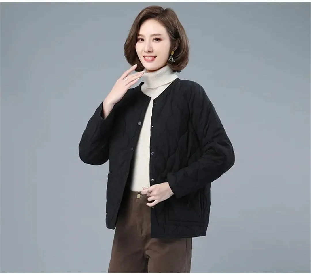 No Collar Quilted Coats Womens Solid Color Cotton Padded Jackets Ladies Winter Button Up Loose Thick Coat