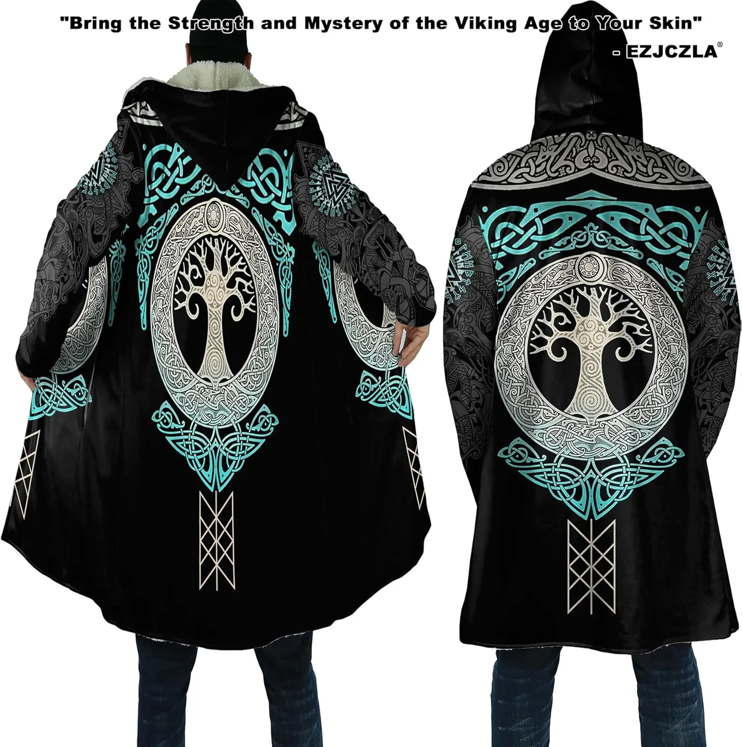 Norse Myth Nine Realms Winter Coats for Men Plus Size Viking Runes Fuzzy Soft Faux Cashmere Hooded Cloak, Parka Robe