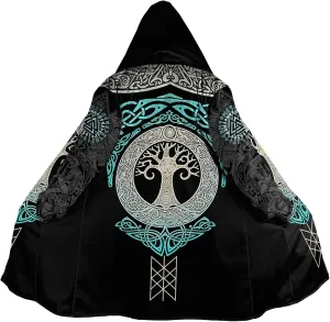 Norse Myth Nine Realms Winter Coats for Men Plus Size Viking Runes Fuzzy Soft Faux Cashmere Hooded Cloak, Parka Robe