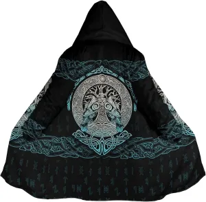 Norse Myth Nine Realms Winter Coats for Men Plus Size Viking Runes Fuzzy Soft Faux Cashmere Hooded Cloak, Parka Robe