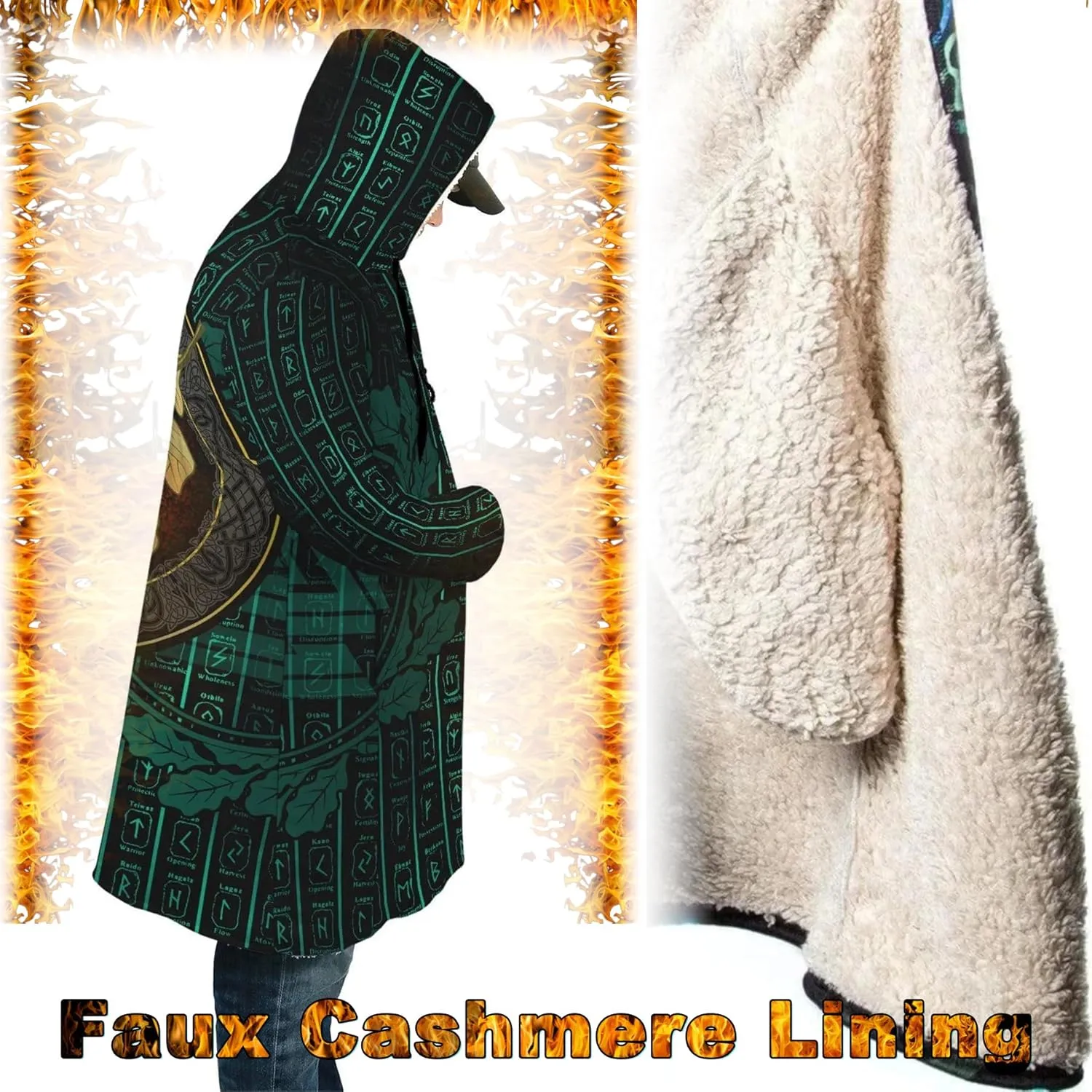Norse Myth Nine Realms Winter Coats for Men Plus Size Viking Runes Fuzzy Soft Faux Cashmere Hooded Cloak, Parka Robe