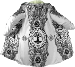 Norse Myth Nine Realms Winter Coats for Men Plus Size Viking Runes Fuzzy Soft Faux Cashmere Hooded Cloak, Parka Robe
