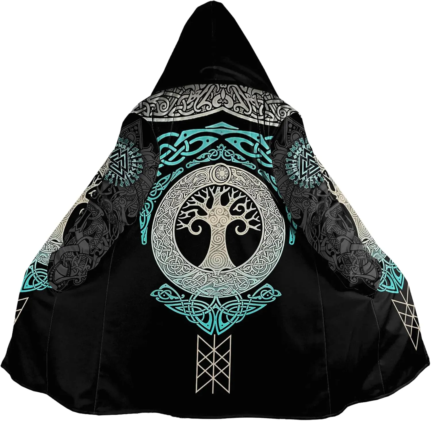 Norse Myth Nine Realms Winter Coats for Men Plus Size Viking Runes Fuzzy Soft Faux Cashmere Hooded Cloak, Parka Robe