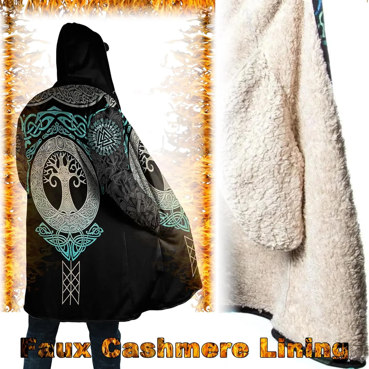Norse Myth Nine Realms Winter Coats for Men Plus Size Viking Runes Fuzzy Soft Faux Cashmere Hooded Cloak, Parka Robe