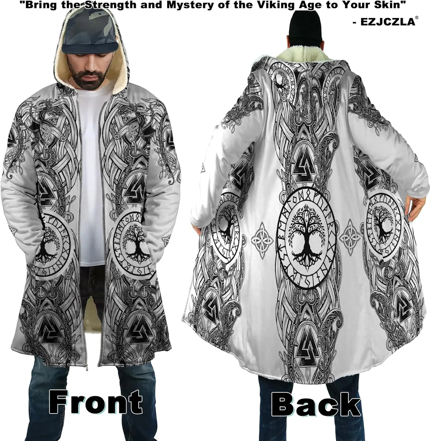 Norse Myth Nine Realms Winter Coats for Men Plus Size Viking Runes Fuzzy Soft Faux Cashmere Hooded Cloak, Parka Robe