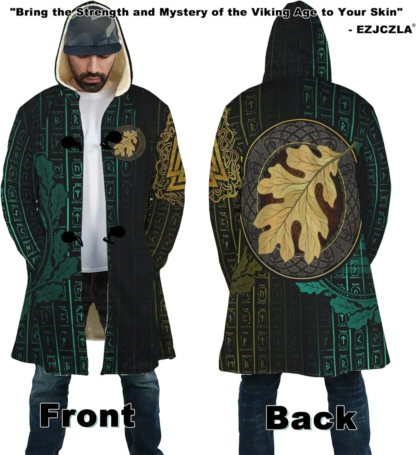 Norse Myth Nine Realms Winter Coats for Men Plus Size Viking Runes Fuzzy Soft Faux Cashmere Hooded Cloak, Parka Robe