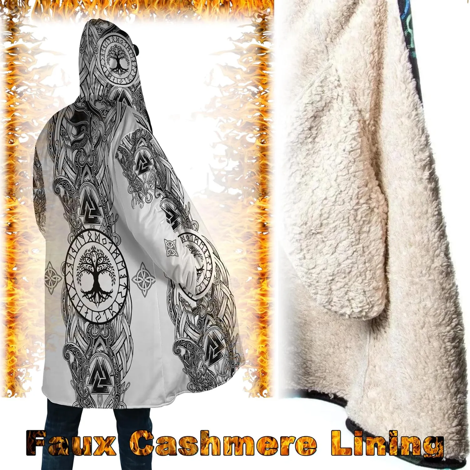 Norse Myth Nine Realms Winter Coats for Men Plus Size Viking Runes Fuzzy Soft Faux Cashmere Hooded Cloak, Parka Robe