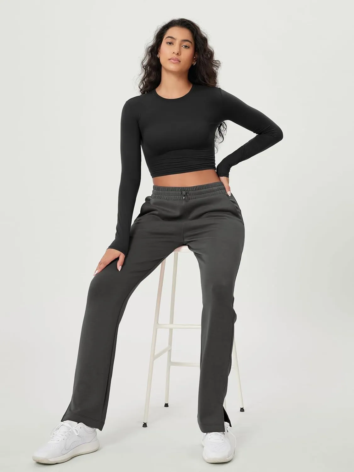 ODODOS Women's Modal Soft Split-Hem High Waist Pants with Pockets Adjustable Shockcord Casual Lounge Pants