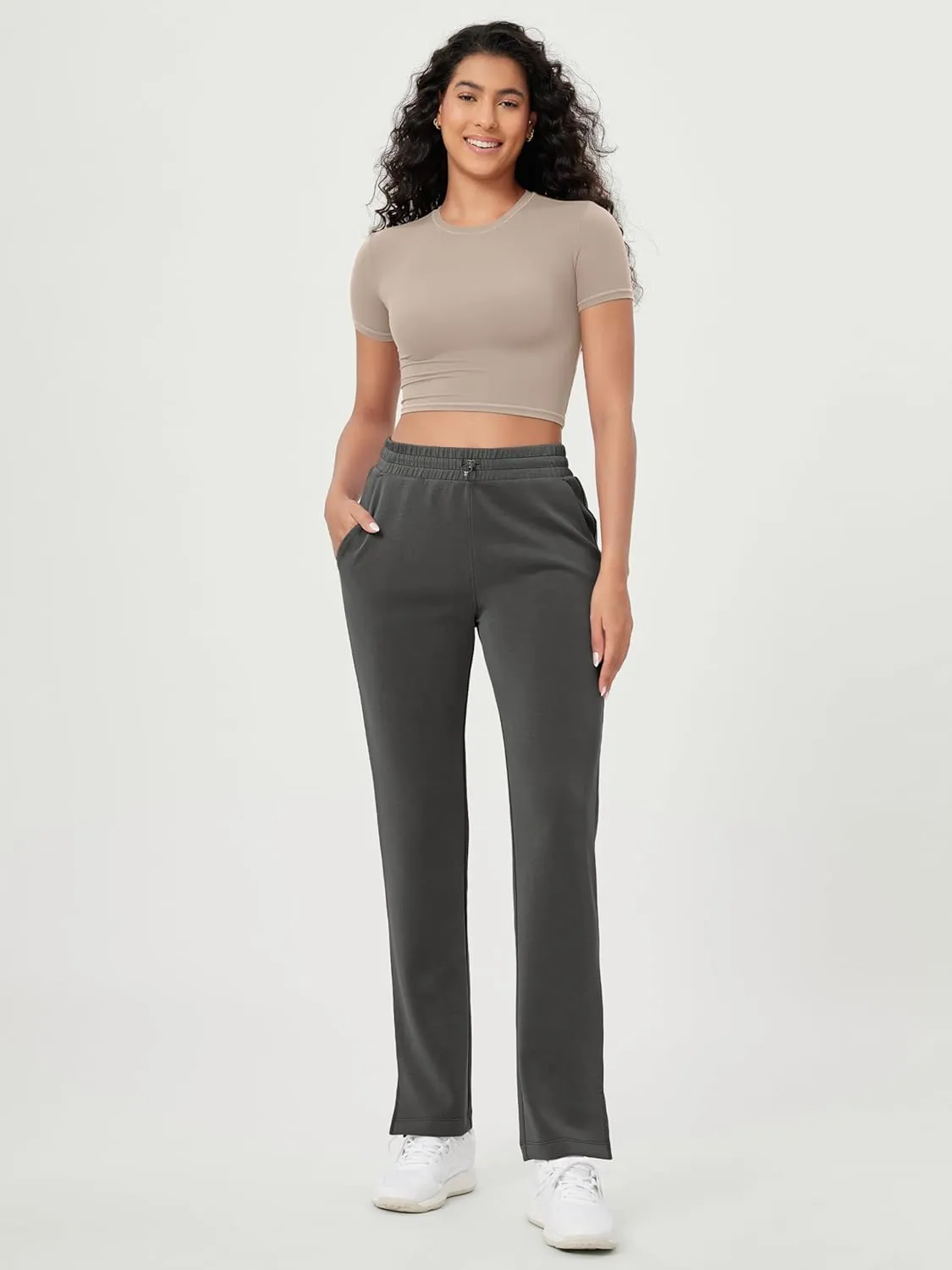 ODODOS Women's Modal Soft Split-Hem High Waist Pants with Pockets Adjustable Shockcord Casual Lounge Pants