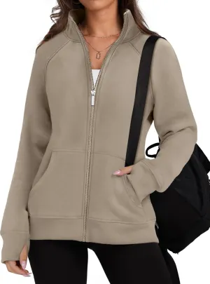 OFEEFAN Women's Full Zip Up Sweatshirt Oversized Fleece Jacket Trendy Hoodies Lightweight Coats with Pockets