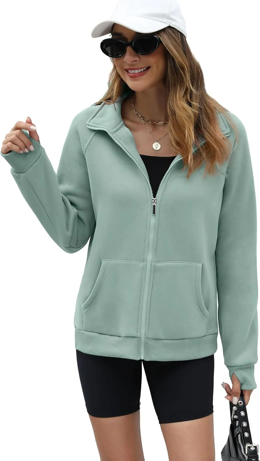 OFEEFAN Women's Full Zip Up Sweatshirt Oversized Fleece Jacket Trendy Hoodies Lightweight Coats with Pockets