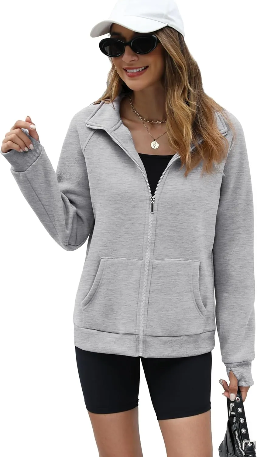 OFEEFAN Women's Full Zip Up Sweatshirt Oversized Fleece Jacket Trendy Hoodies Lightweight Coats with Pockets