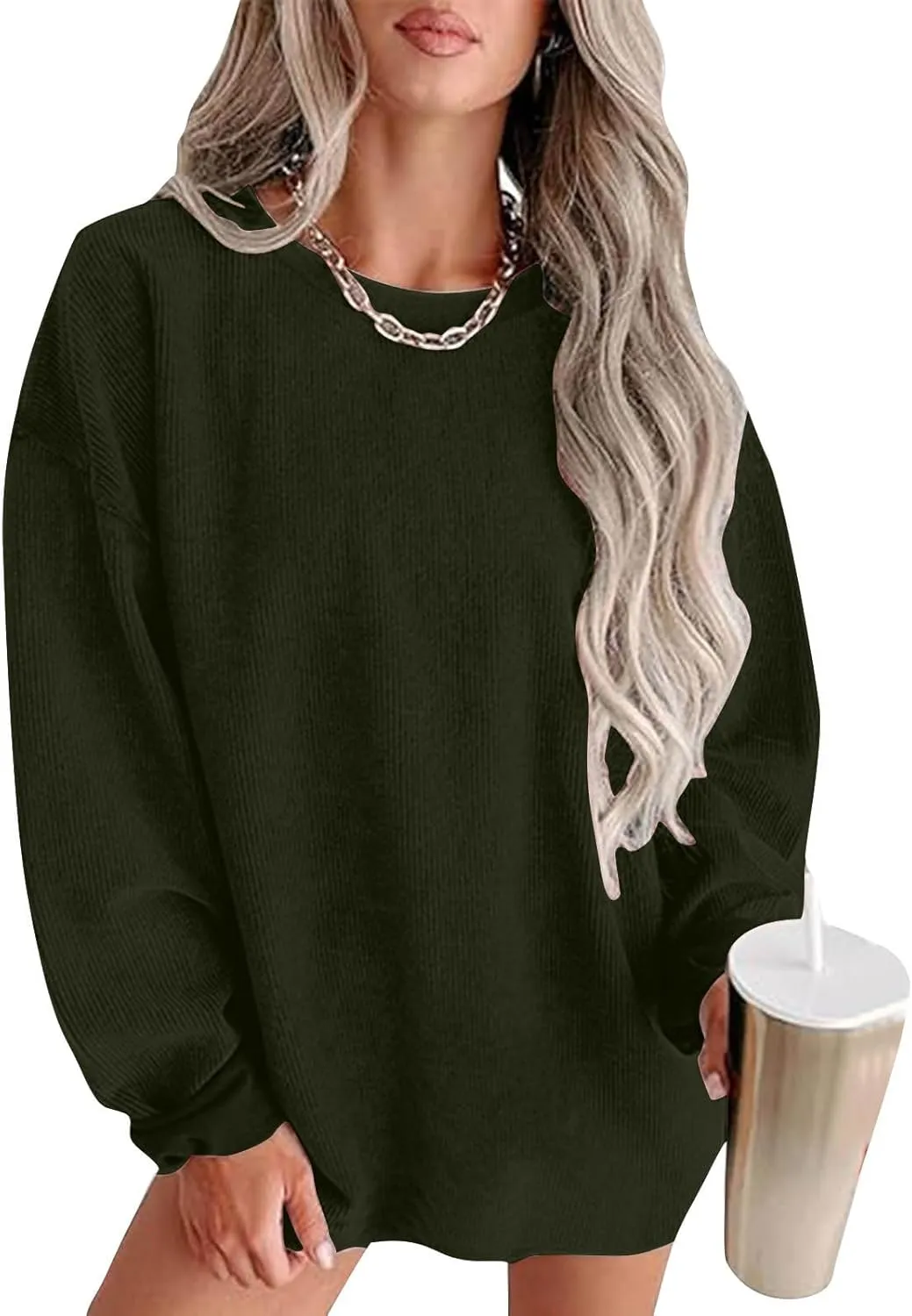 Oversized Crew Neck Sweatshirt Women 2024 Casual Loose Long Sleeve Corduroy Pullover Tops Fall Fashion Outfits Trendy
