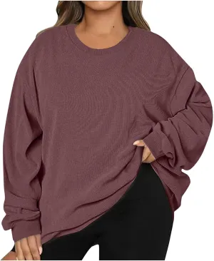 Oversized Crew Neck Sweatshirt Women 2024 Casual Loose Long Sleeve Corduroy Pullover Tops Fall Fashion Outfits Trendy