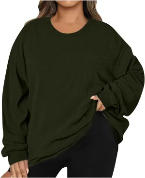 Oversized Crew Neck Sweatshirt Women 2024 Casual Loose Long Sleeve Corduroy Pullover Tops Fall Fashion Outfits Trendy