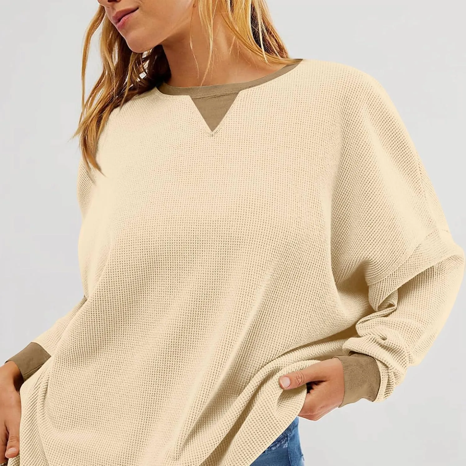 Oversized Sweatshirt for Women Drop Shoulder Crewneck Sweatshirts Casual Color Block Pullovers Waffle Knit Tops