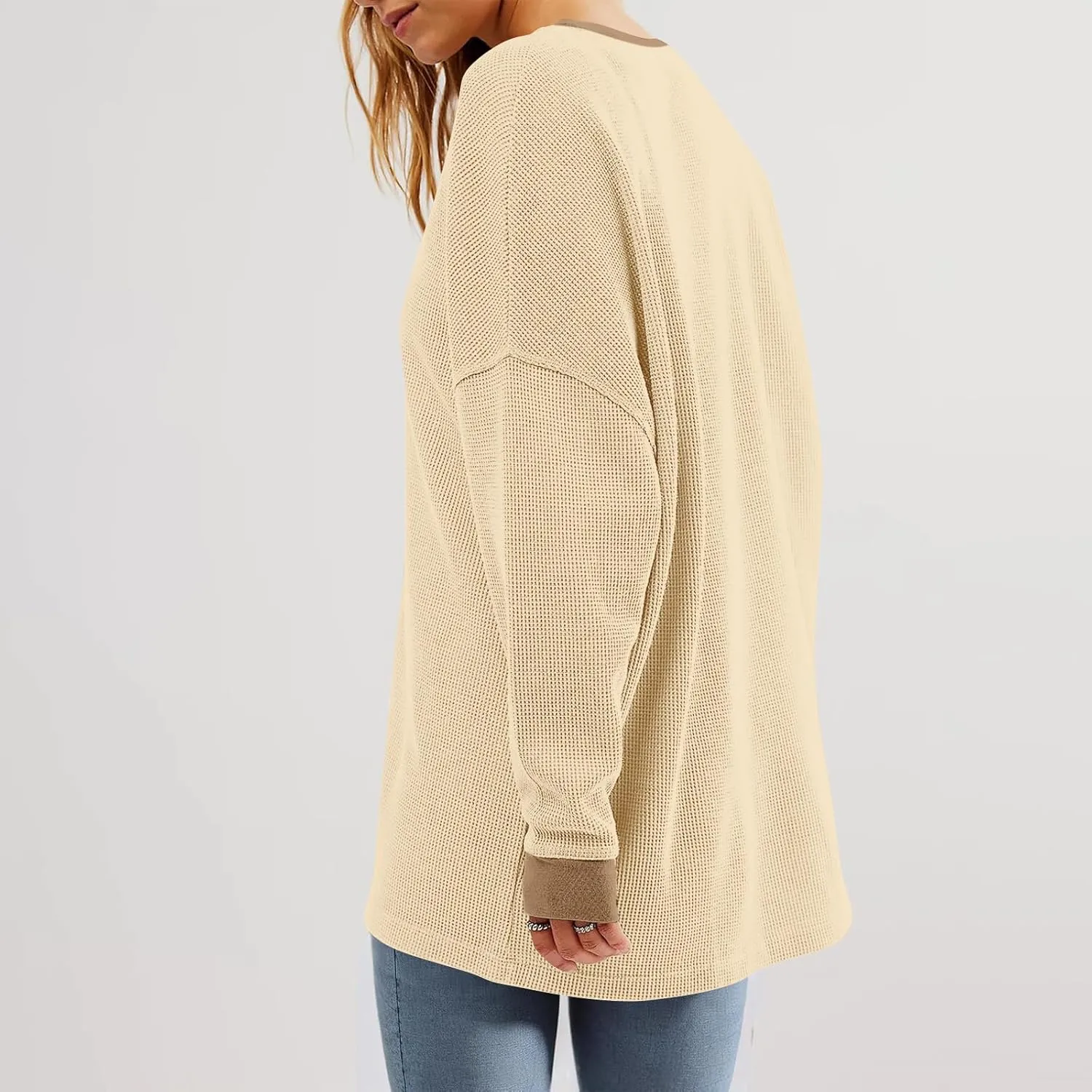 Oversized Sweatshirt for Women Drop Shoulder Crewneck Sweatshirts Casual Color Block Pullovers Waffle Knit Tops