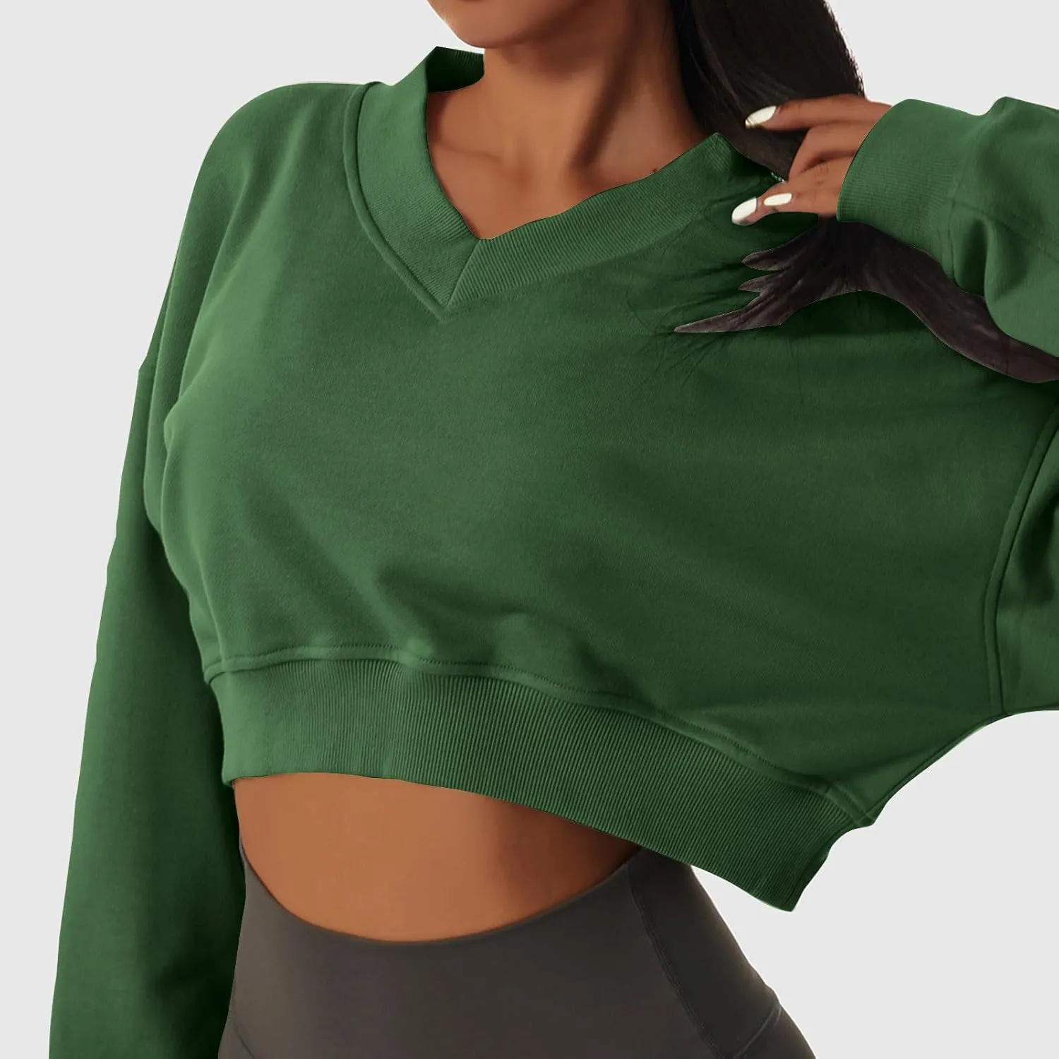 Oversized Sweatshirt Women Loose Fit v Neck Fleece Lined Cropped Shirts Drop Sleeve Solid Pullover Hoodies No Hood