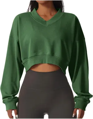 Oversized Sweatshirt Women Loose Fit v Neck Fleece Lined Cropped Shirts Drop Sleeve Solid Pullover Hoodies No Hood