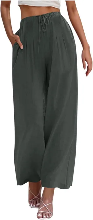 Palazzo Pants for Women High Waisted Straight Wide Leg Linen Trousers Drawstring Elastic Summer Outfits
