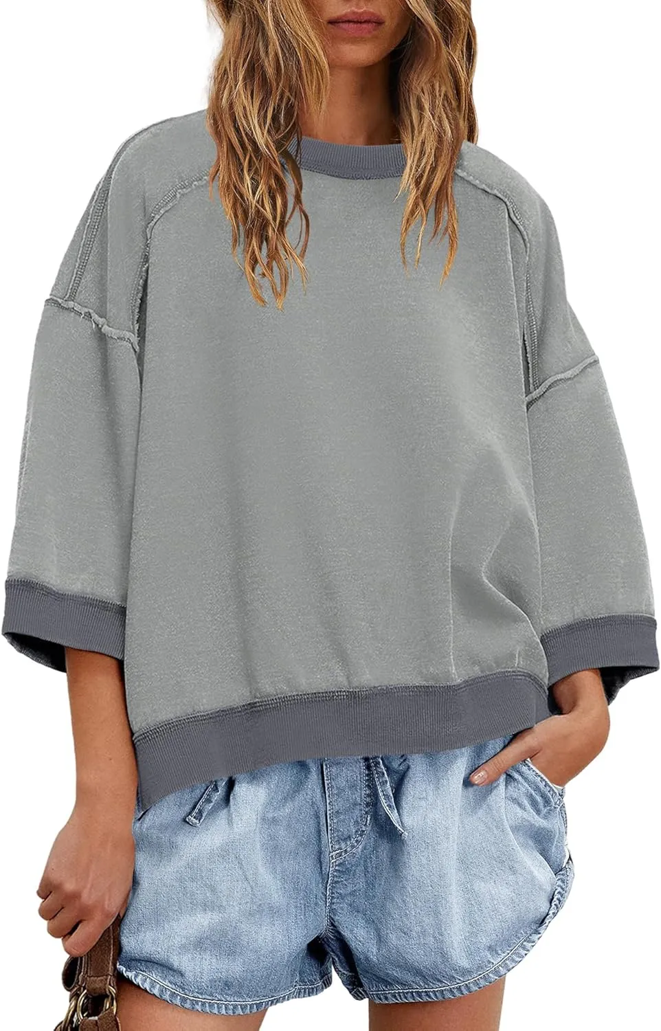 Panadila Womens Oversized Short Sleeve Sweatshirt Crewneck 3/4 Sleeve Tops Summer Cute Color Block Pullover Sweatshirt