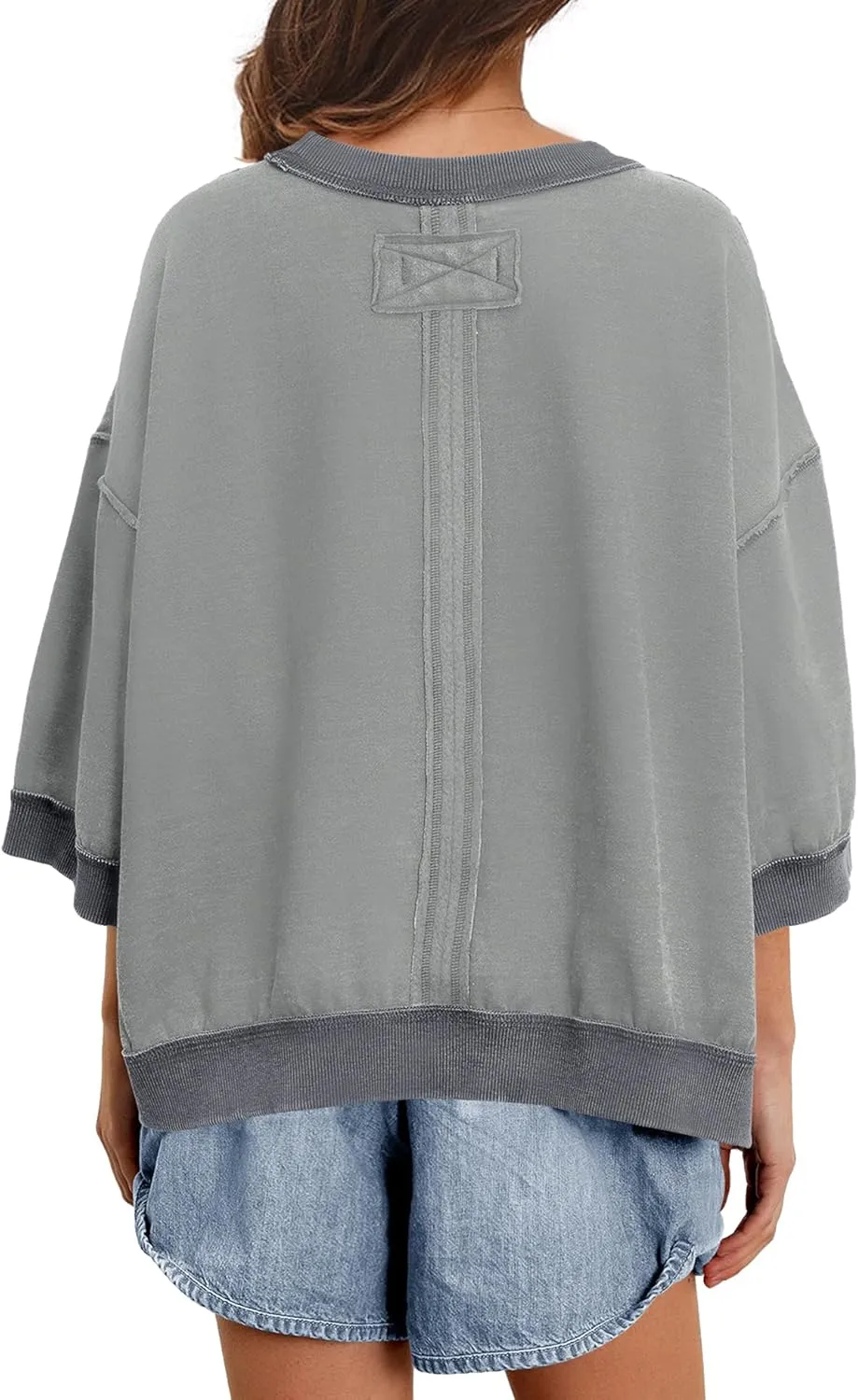 Panadila Womens Oversized Short Sleeve Sweatshirt Crewneck 3/4 Sleeve Tops Summer Cute Color Block Pullover Sweatshirt
