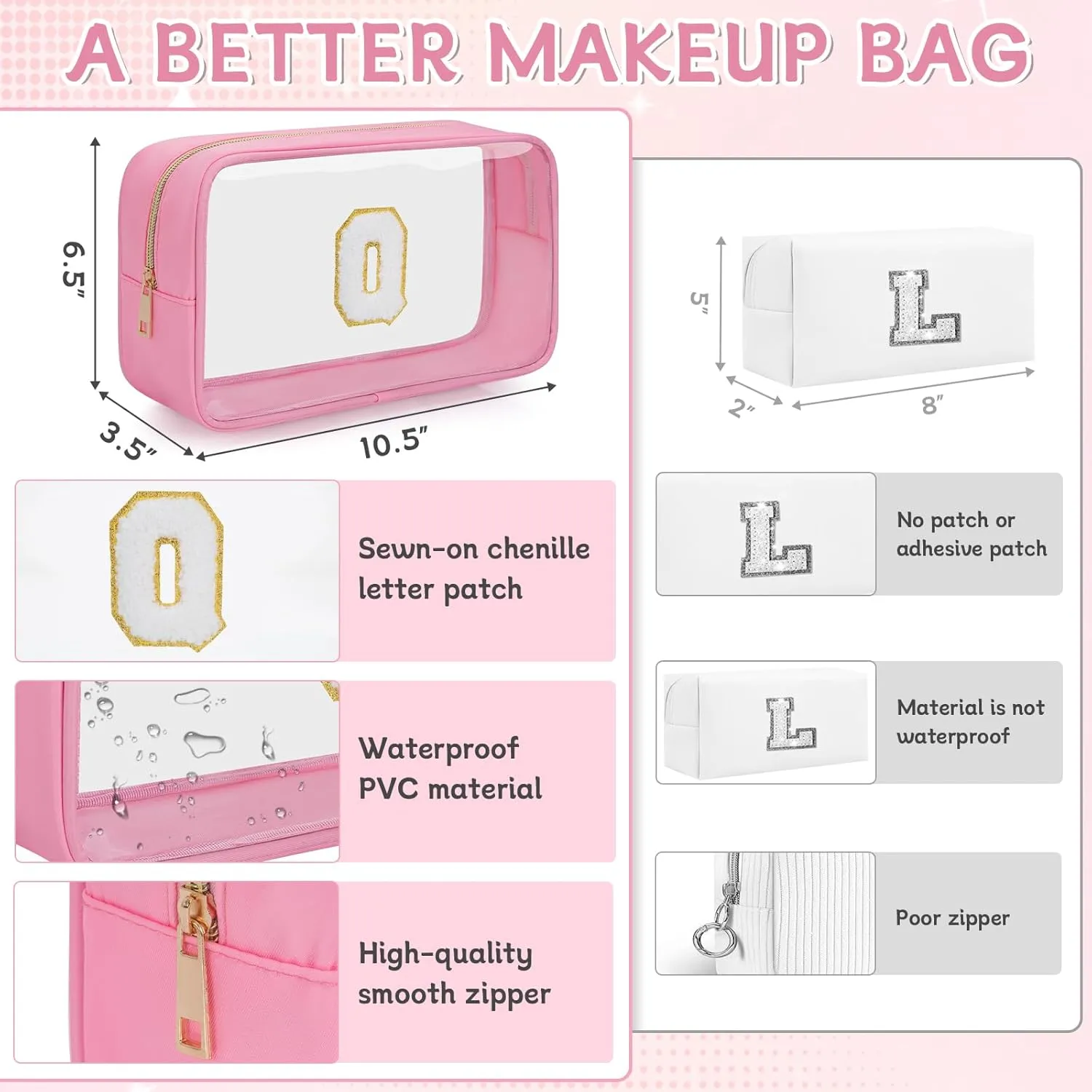 Personalized Initial Letter Clear Makeup Bag, Travel Chenille Patch Cosmetic Bag, Waterproof Toiletry Bag with Zipper for Teen Girls Women (Pink, Q)