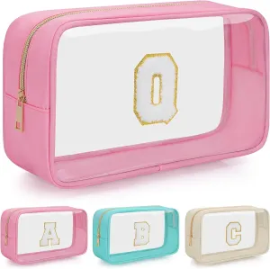 Personalized Initial Letter Clear Makeup Bag, Travel Chenille Patch Cosmetic Bag, Waterproof Toiletry Bag with Zipper for Teen Girls Women (Pink, Q)
