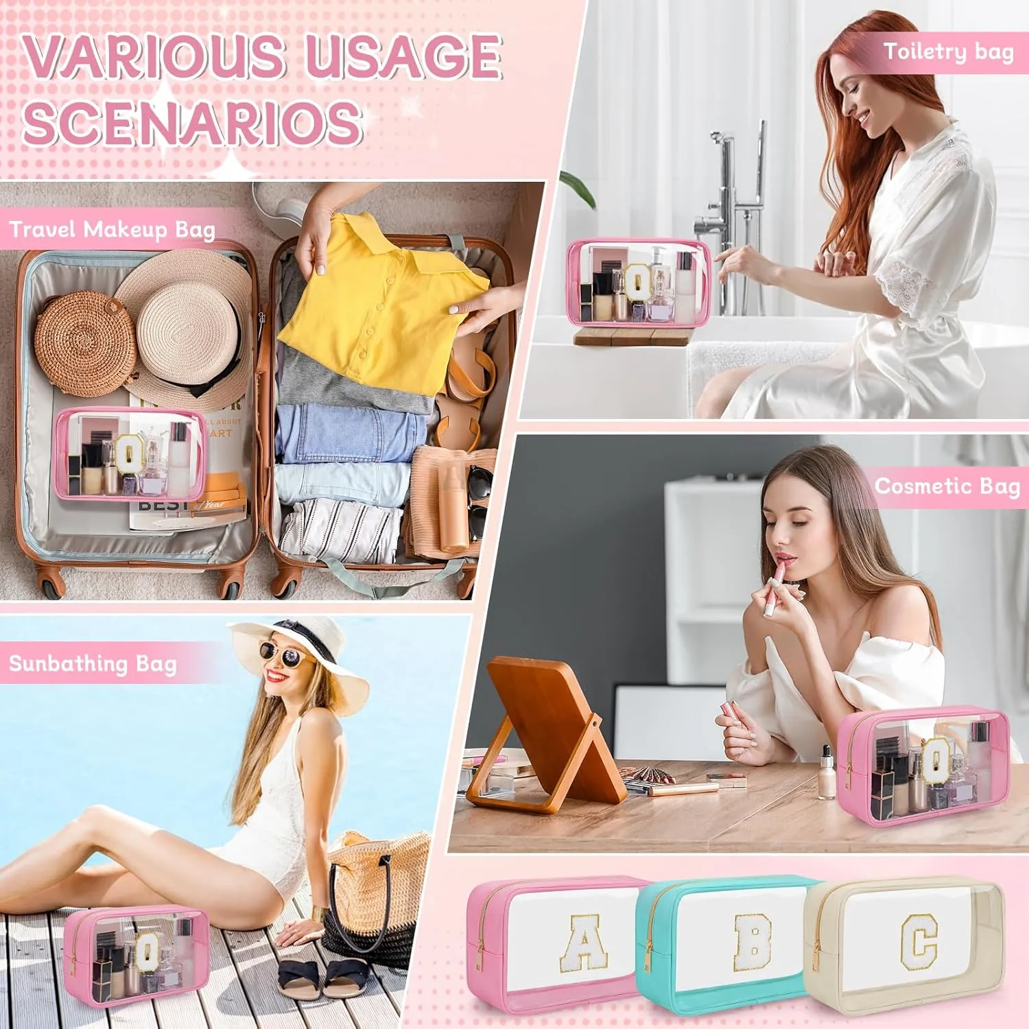 Personalized Initial Letter Clear Makeup Bag, Travel Chenille Patch Cosmetic Bag, Waterproof Toiletry Bag with Zipper for Teen Girls Women (Pink, Q)