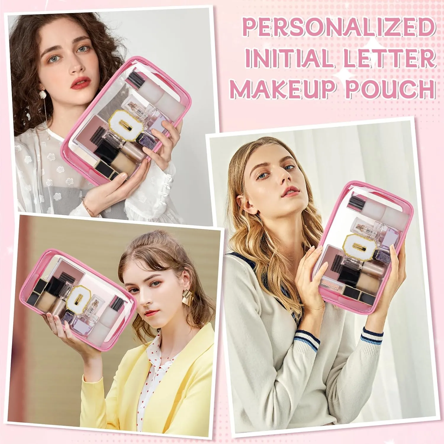 Personalized Initial Letter Clear Makeup Bag, Travel Chenille Patch Cosmetic Bag, Waterproof Toiletry Bag with Zipper for Teen Girls Women (Pink, Q)