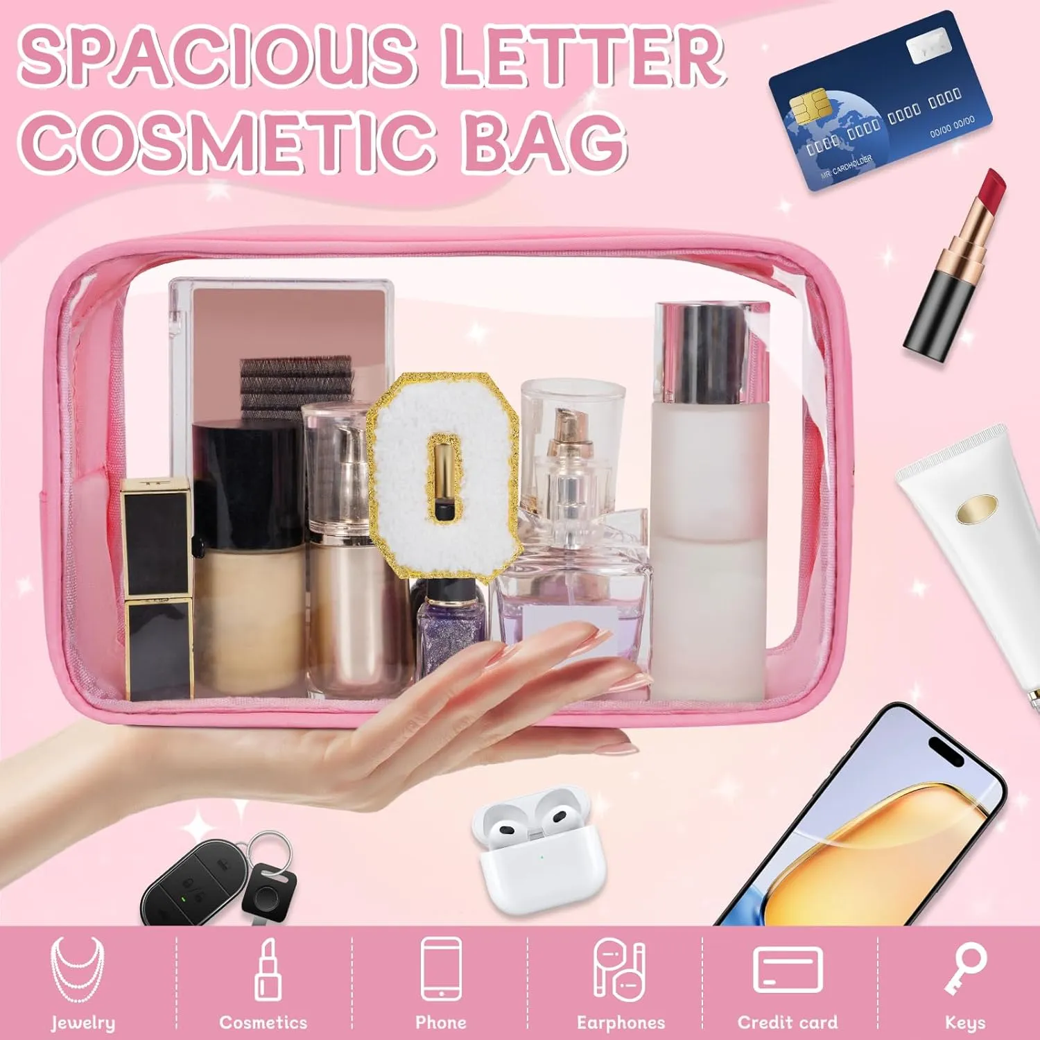 Personalized Initial Letter Clear Makeup Bag, Travel Chenille Patch Cosmetic Bag, Waterproof Toiletry Bag with Zipper for Teen Girls Women (Pink, Q)