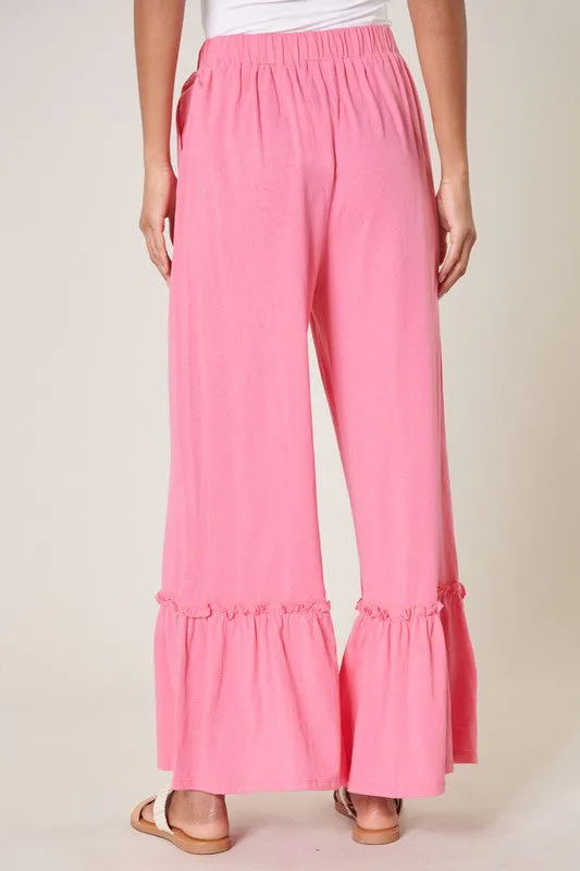 Pink Ryder Ruffle Wide Leg Cotton Knit Pants