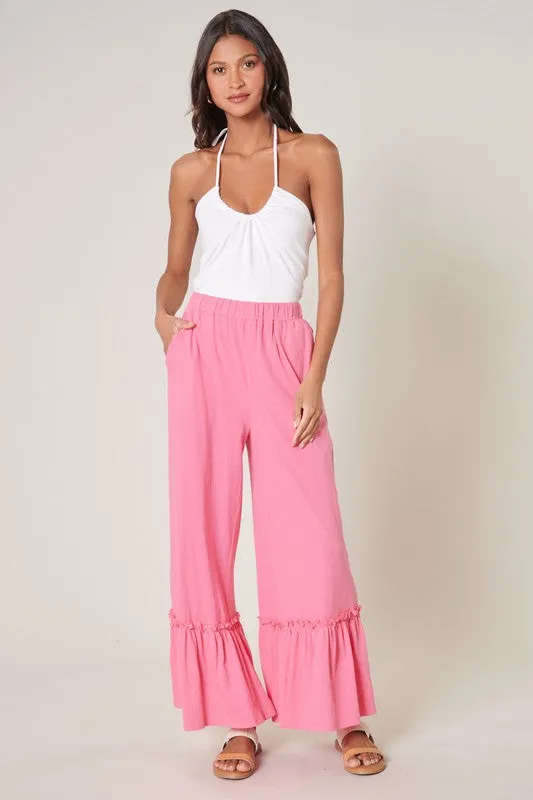 Pink Ryder Ruffle Wide Leg Cotton Knit Pants