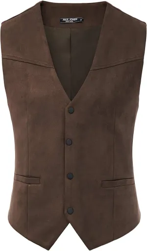 PJ PAUL JONES Mens Faux Suede Leathr Suit Vest Western Cowboy Dress Vests with Pockets