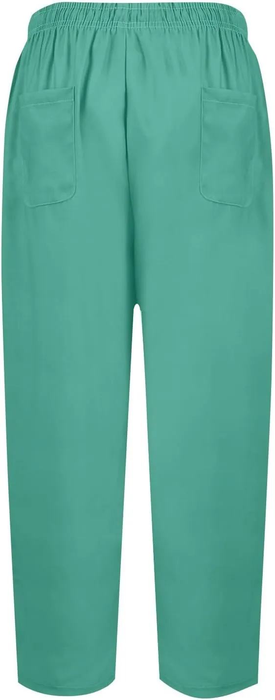 Plus Size Pants for Women Summer Drawstring High Waist Straight Leg Slacks Solid Color Travel Trousers with Pockets