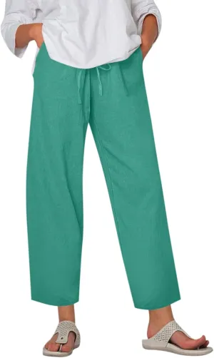 Plus Size Pants for Women Summer Drawstring High Waist Straight Leg Slacks Solid Color Travel Trousers with Pockets