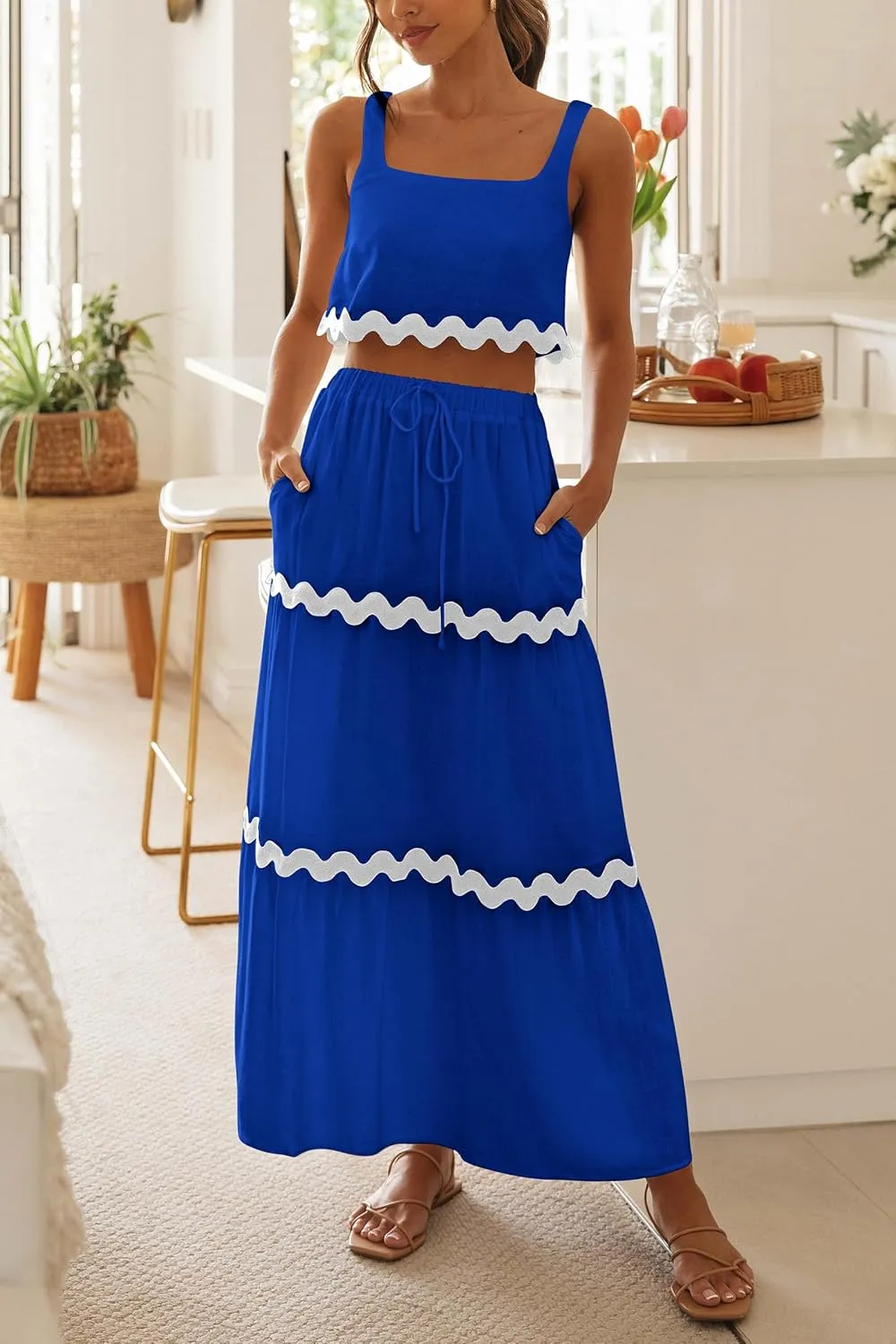 PRETTYGARDEN Women's Summer 2 Piece Beach Outfit Casual Sleeveless Cropped Tank Top High Waisted Maxi Skirt Set